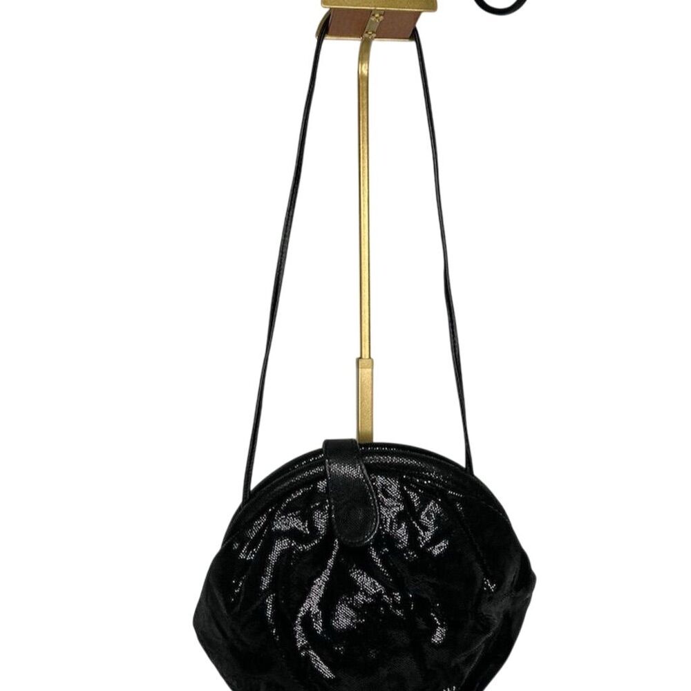 Ohh! Ashley Vintage Black Shimmer Leather Crossbody Bag Made in USA Rounded